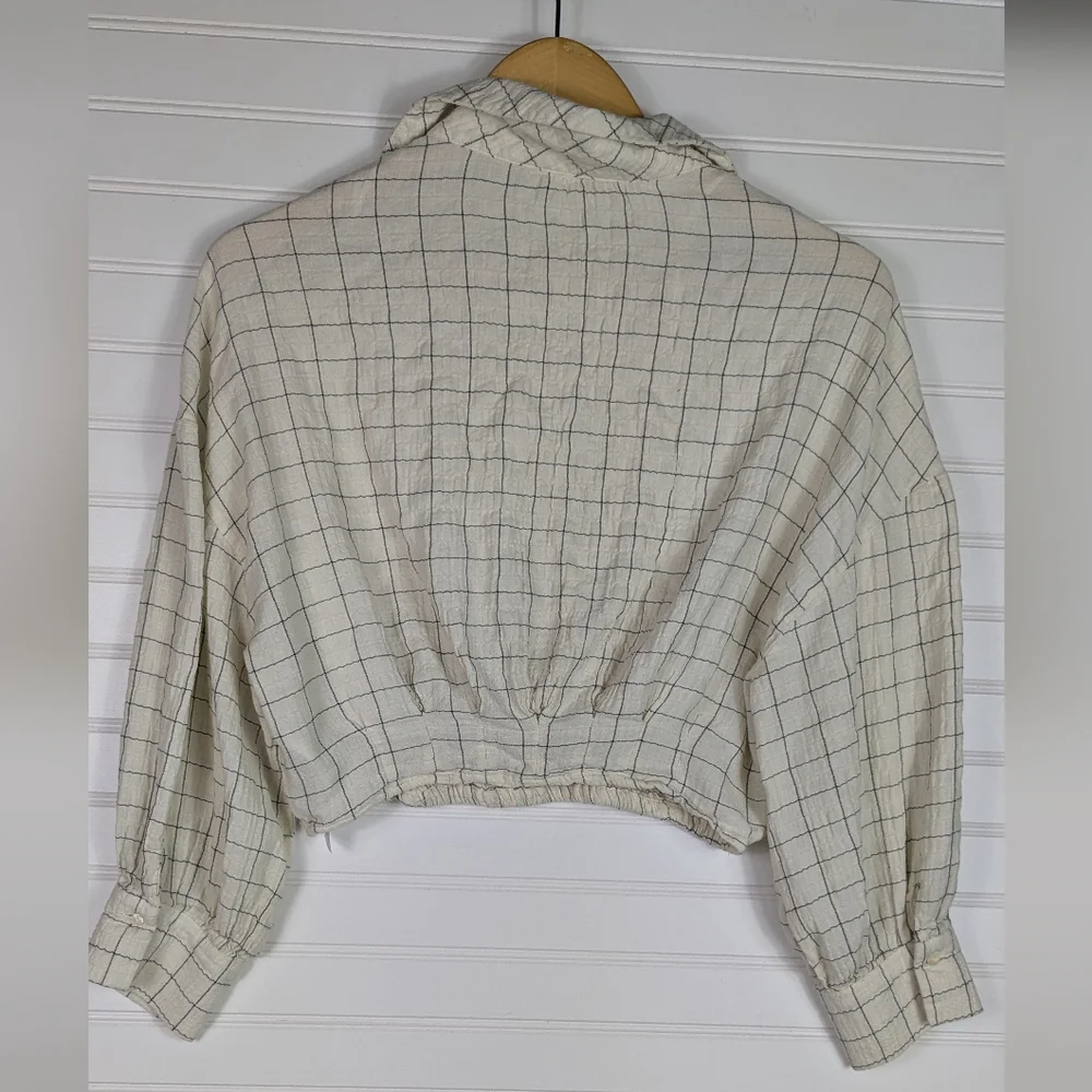 Zara S Cropped Ivory Windowpane Faux Wrap Collared  long Sleeve Blouse - Picture 3 of 7